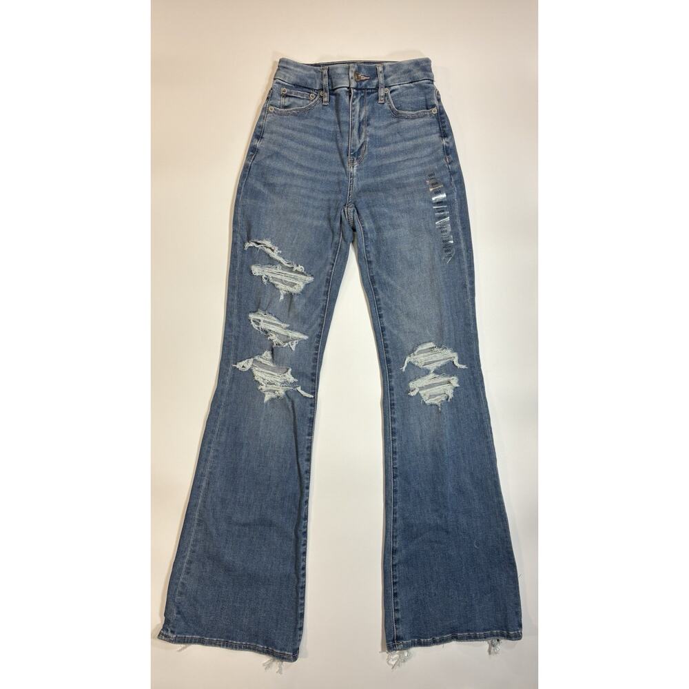 American Eagle Women's Jeans 000 Curvy Super High Rise Flare Distressed Stretch